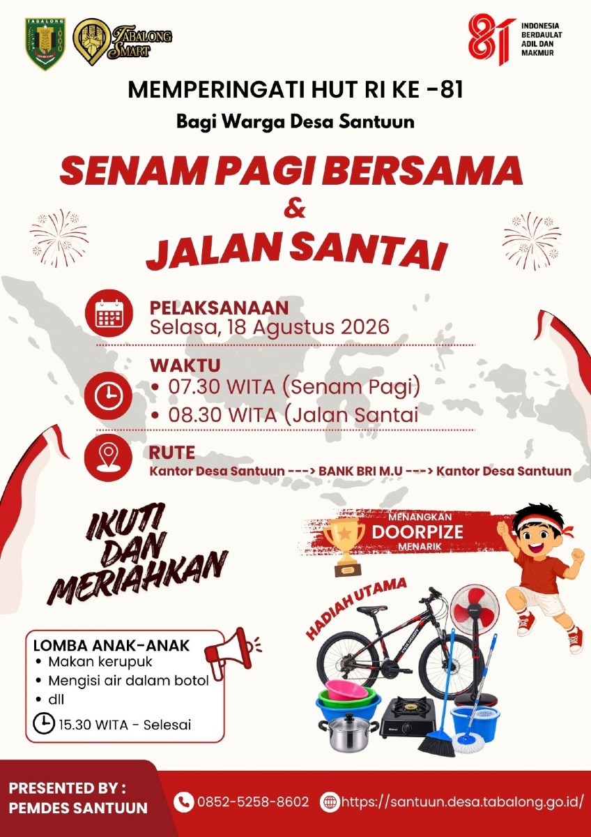 Semarak HUT ke-81 Kemerdekaan RI, Pemerintah Desa Santuun Gelar Senam Pagi Bersama dan Jalan Santai