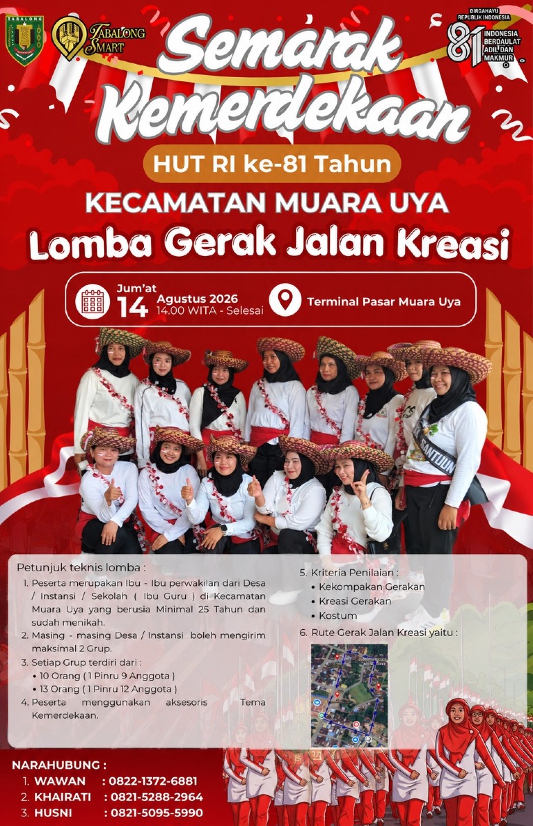 Tim Desa Santuun Raih Juara 3 Lomba Gerak Jalan Kreasi HUT RI ke-81 di Kecamatan Muara Uya