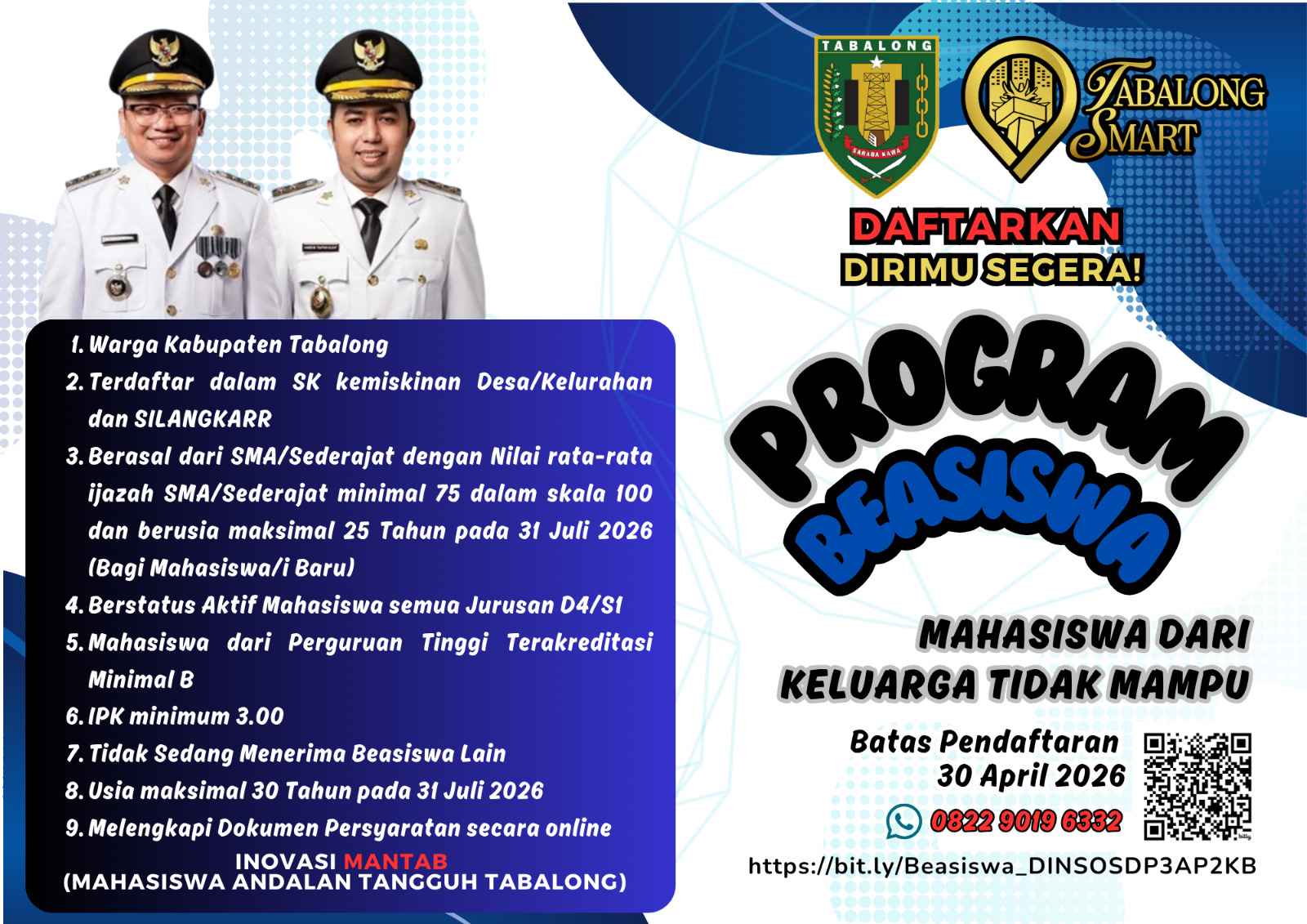 Program Beasiswa 1000 Sarjana Bagi Mahasiswa dari Keluarga Tidak Mampu Dinas Sosial,P3AP2KB Kabupaten Tabalong Tahun 2026