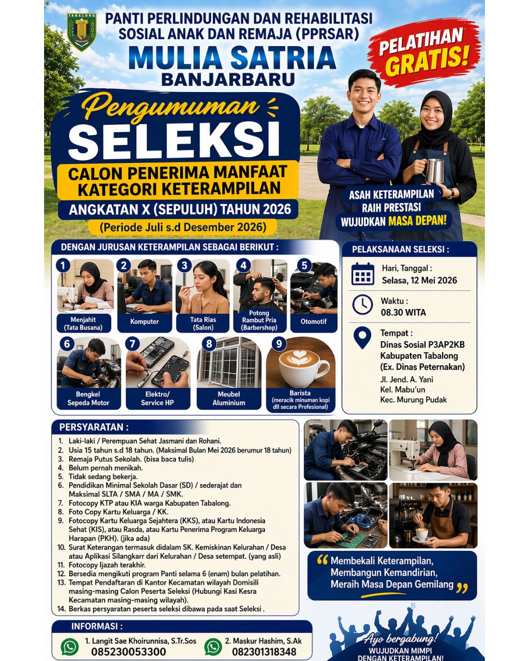 Pengumuman Seleksi Calon Penerima Manfaat Kategori Keterampilan Angkatan 10 Tahun 2026 Periode Juli s.d Desember 2026 pada Panti Perlindungan & Rehabilitasi Sosial Anak dan Remaja (PPRSAR) Banjarbaru