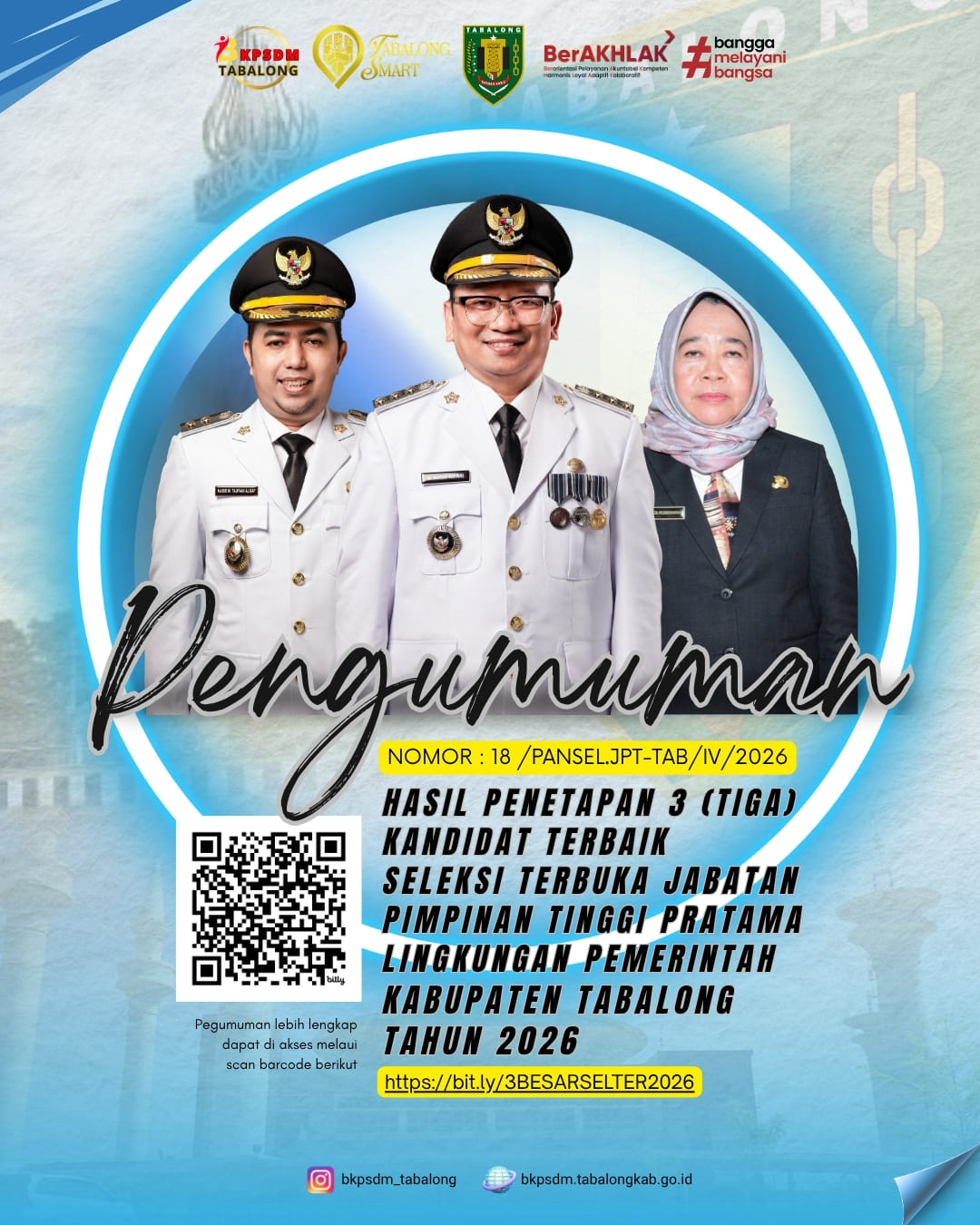 Hasil Penetapan 3 (tiga) Kandidat Terbaik Seleksi Terbuka Jabatan Pimpinan Tinggi Pratama di Lingkungan Pemerintah Kabupaten Tabalong