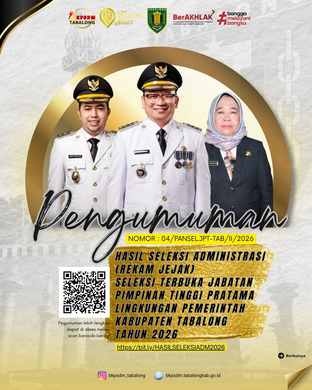 Hasil Seleksi Administrasi (Rekam Jejak) Seleksi Terbuka Jabatan Pimpinan Tinggi Pratama Pemerintah Kabupaten Tabalong Tahun 2026